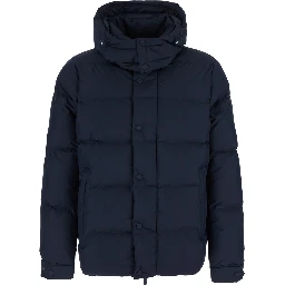 Blue Down jacket with fixed hood and long sleeves in Tech Fabric for men