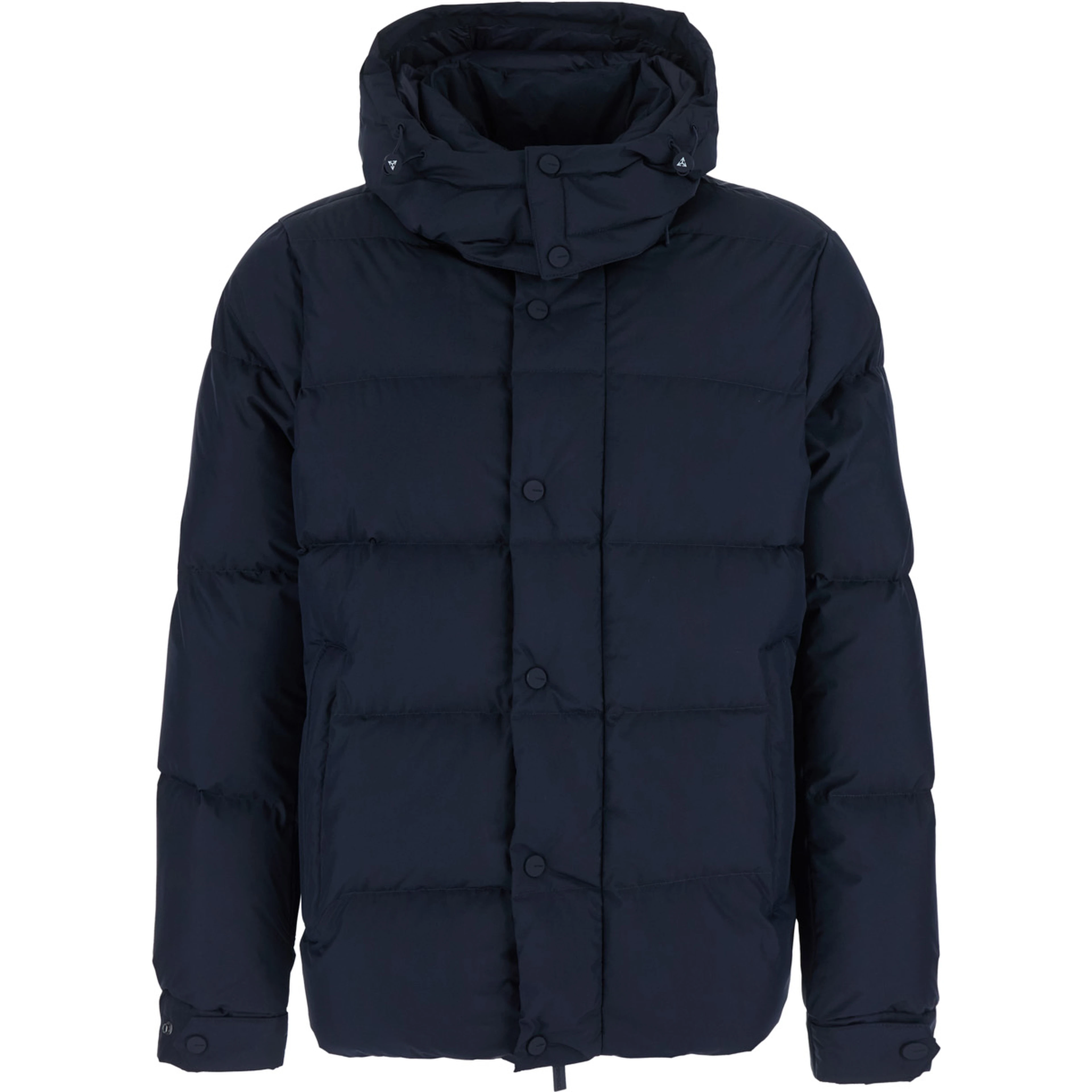 Blue Down jacket with fixed hood and long sleeves in Tech Fabric for men