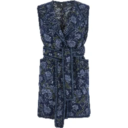 Womens vest with patch pockets and belt in blue