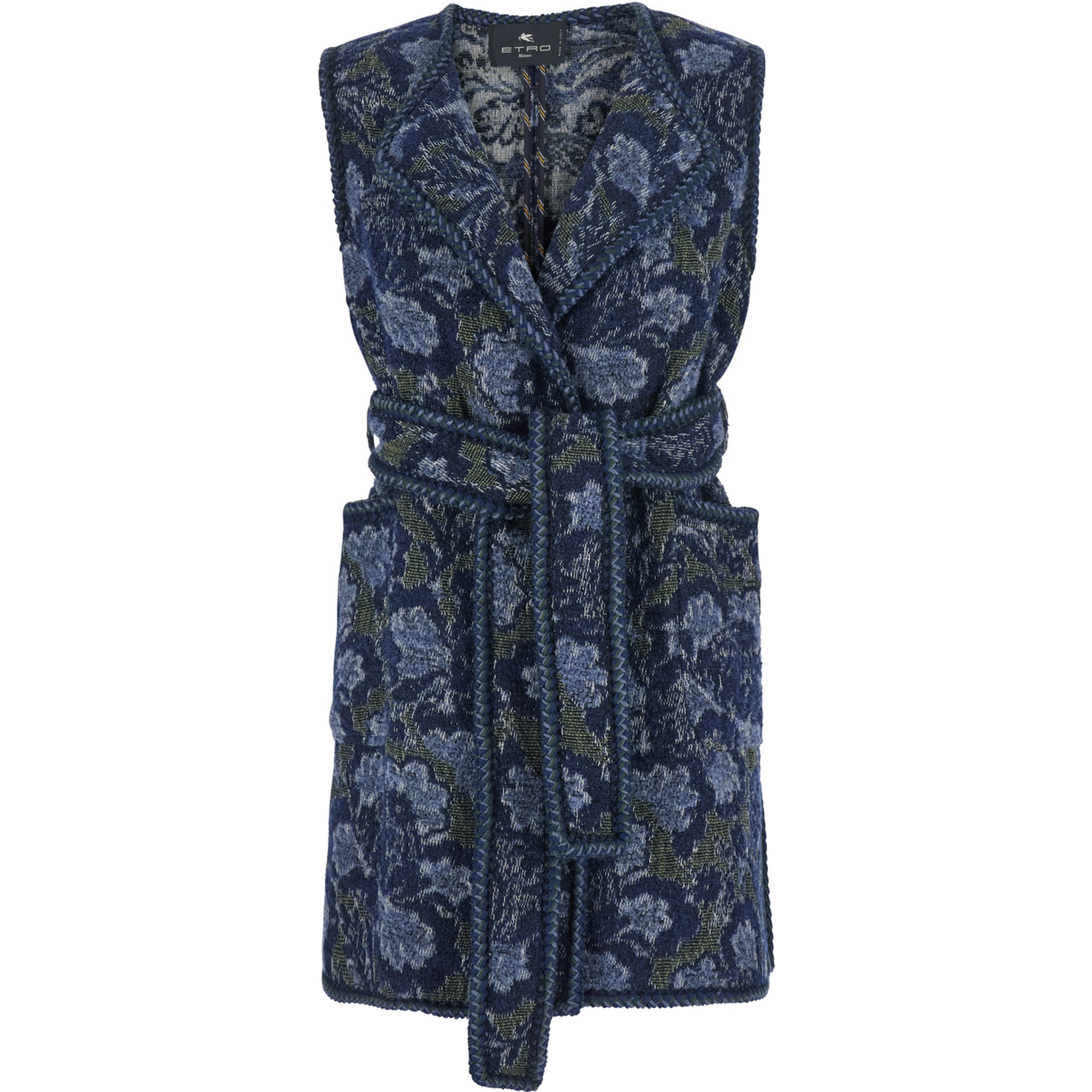 Womens vest with patch pockets and belt in blue