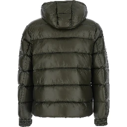 Green Down jacket with fixed hood and logo patch on the sleeve in glossy Tech Fabric for men