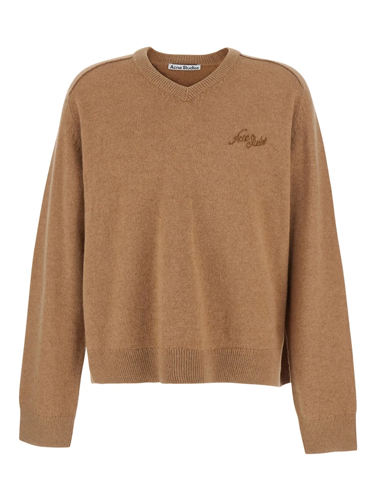 Beige sweater with high collar and long sleeves in wool, unisex