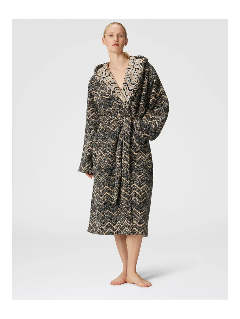 multicolor Hooded bathrobe with Zig-Zag motif in cotton terry home