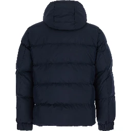 Blue Down jacket with fixed hood and long sleeves in Tech Fabric for men