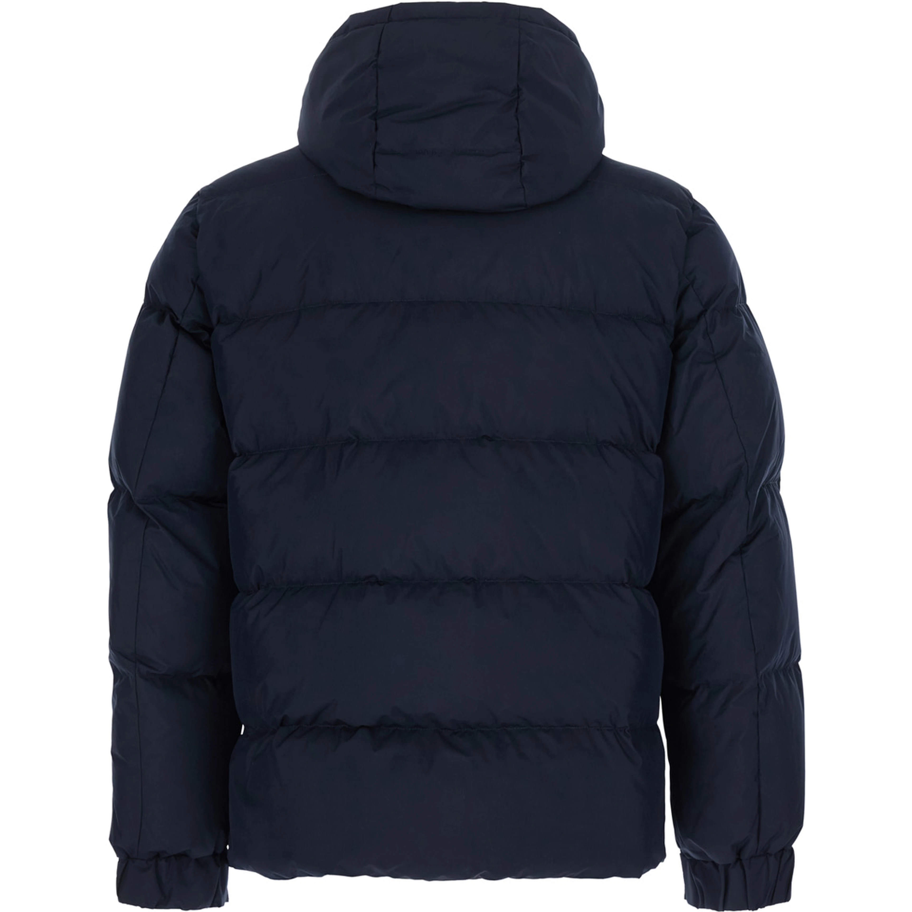 Blue Down jacket with fixed hood and long sleeves in Tech Fabric for men