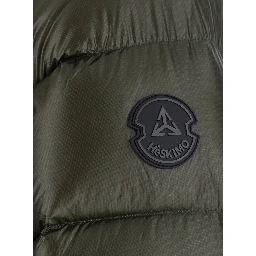 Green Down jacket with fixed hood and logo patch on the sleeve in glossy Tech Fabric for men