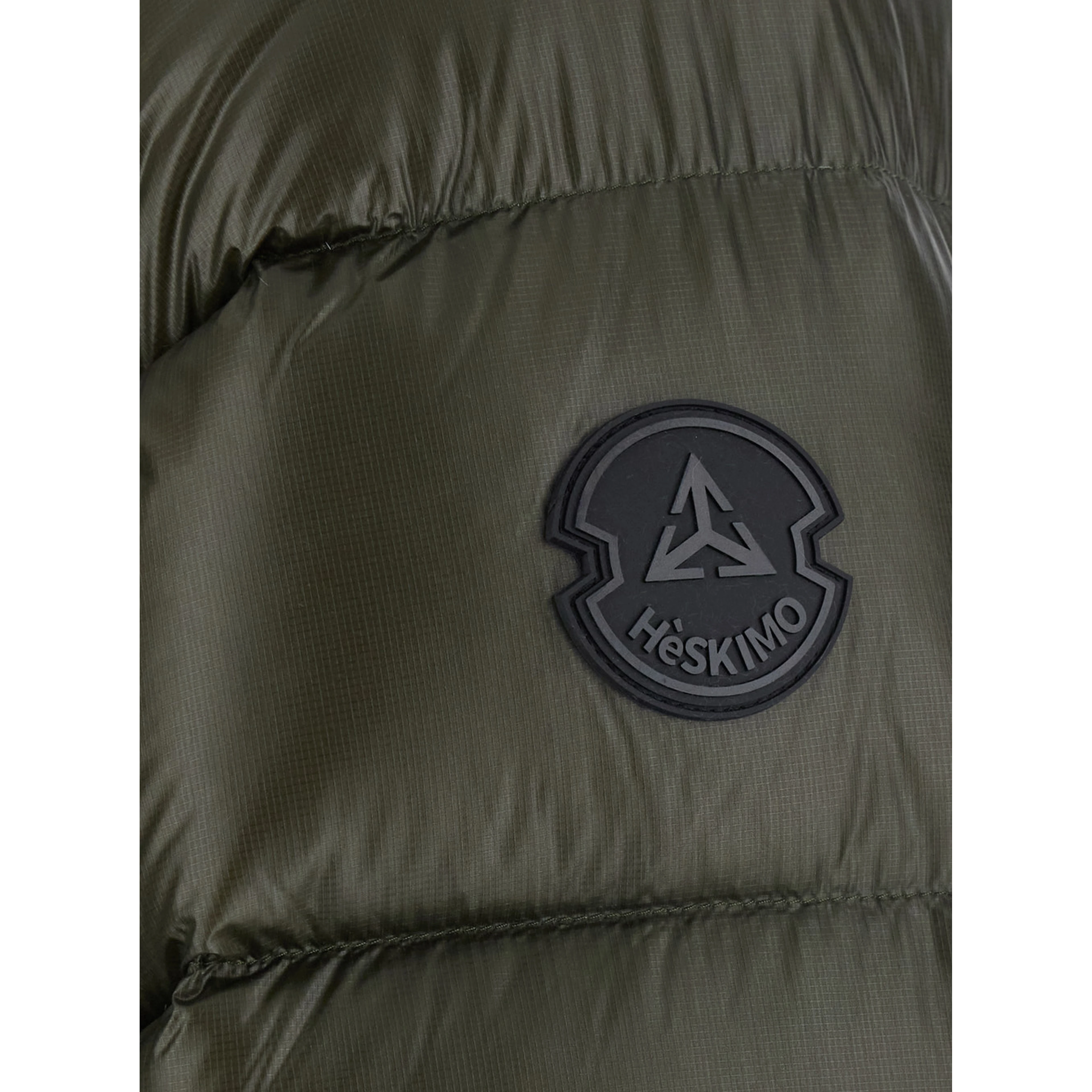 Green Down jacket with fixed hood and logo patch on the sleeve in glossy Tech Fabric for men