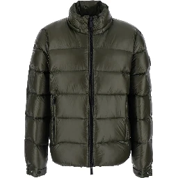 Green Down jacket with fixed hood and logo patch on the sleeve in glossy Tech Fabric for men