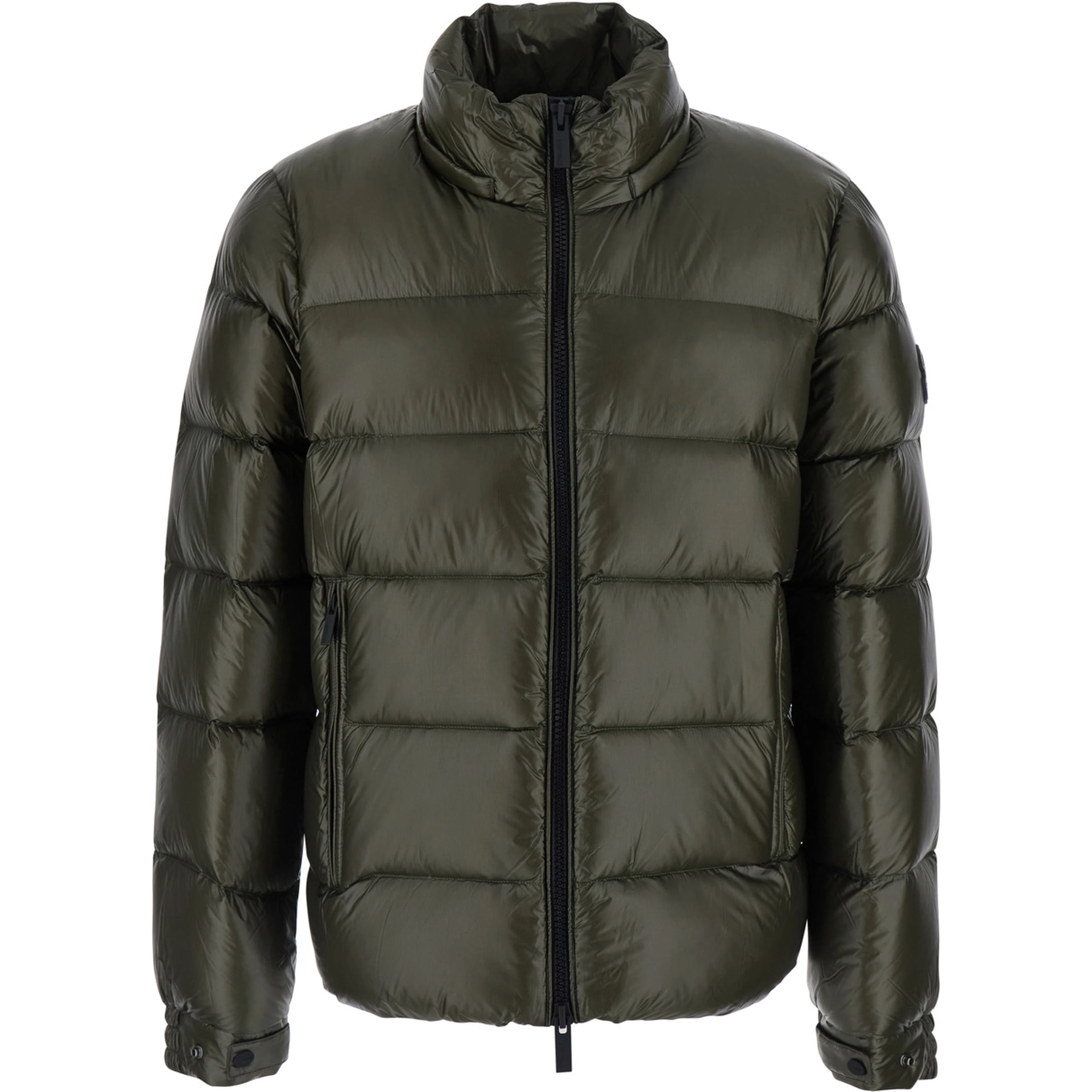 Green Down jacket with fixed hood and logo patch on the sleeve in glossy Tech Fabric for men