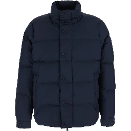 Blue Down jacket with fixed hood and long sleeves in Tech Fabric for men
