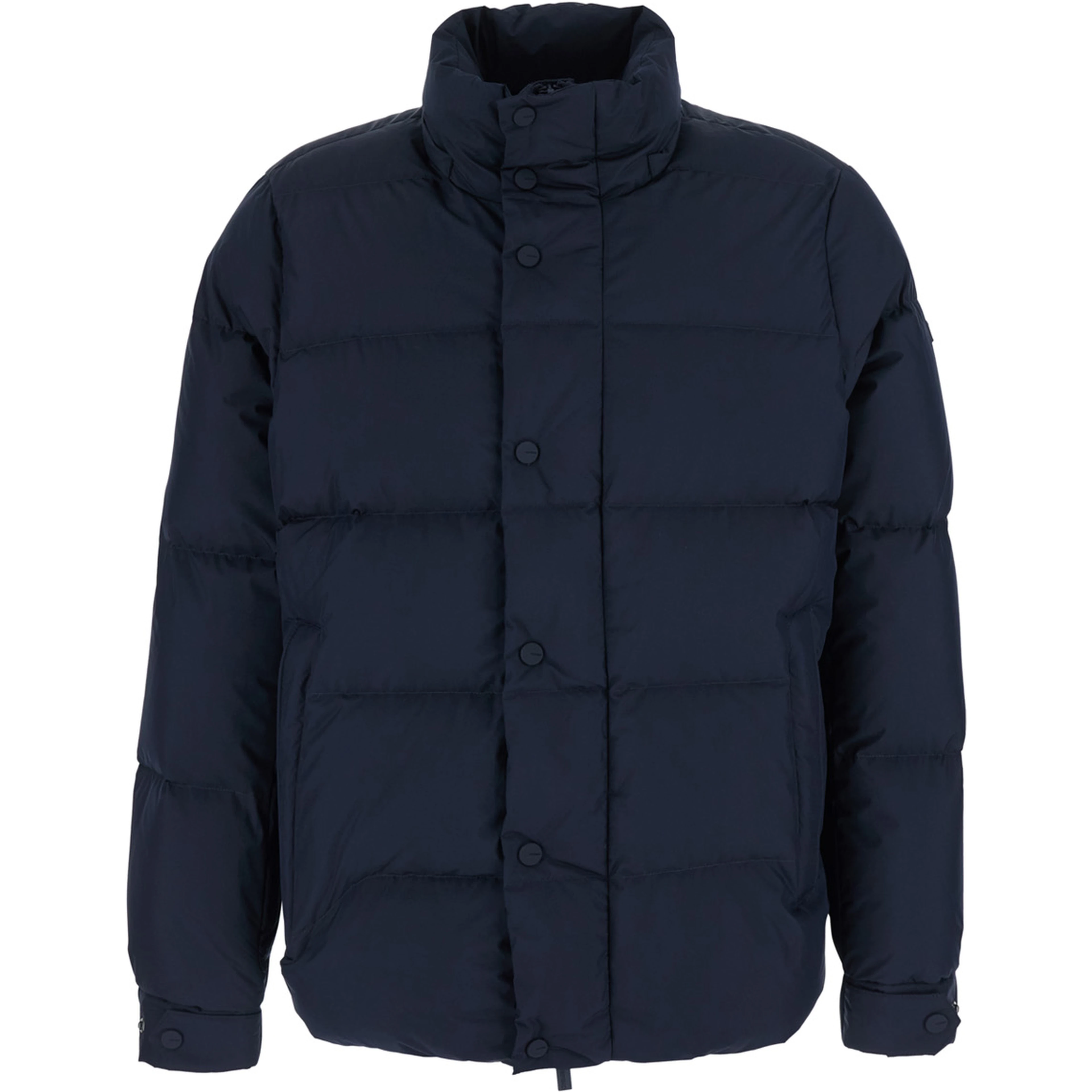 Blue Down jacket with fixed hood and long sleeves in Tech Fabric for men