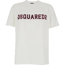 White Crew Neck T-shirt with logo lettering on the front in cotton for men