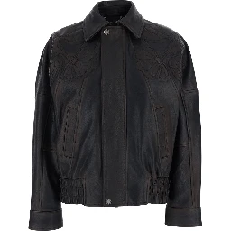 Journey Brown Jacket with Classic Collar and All-Over Floral Embroidery in Leather for Women