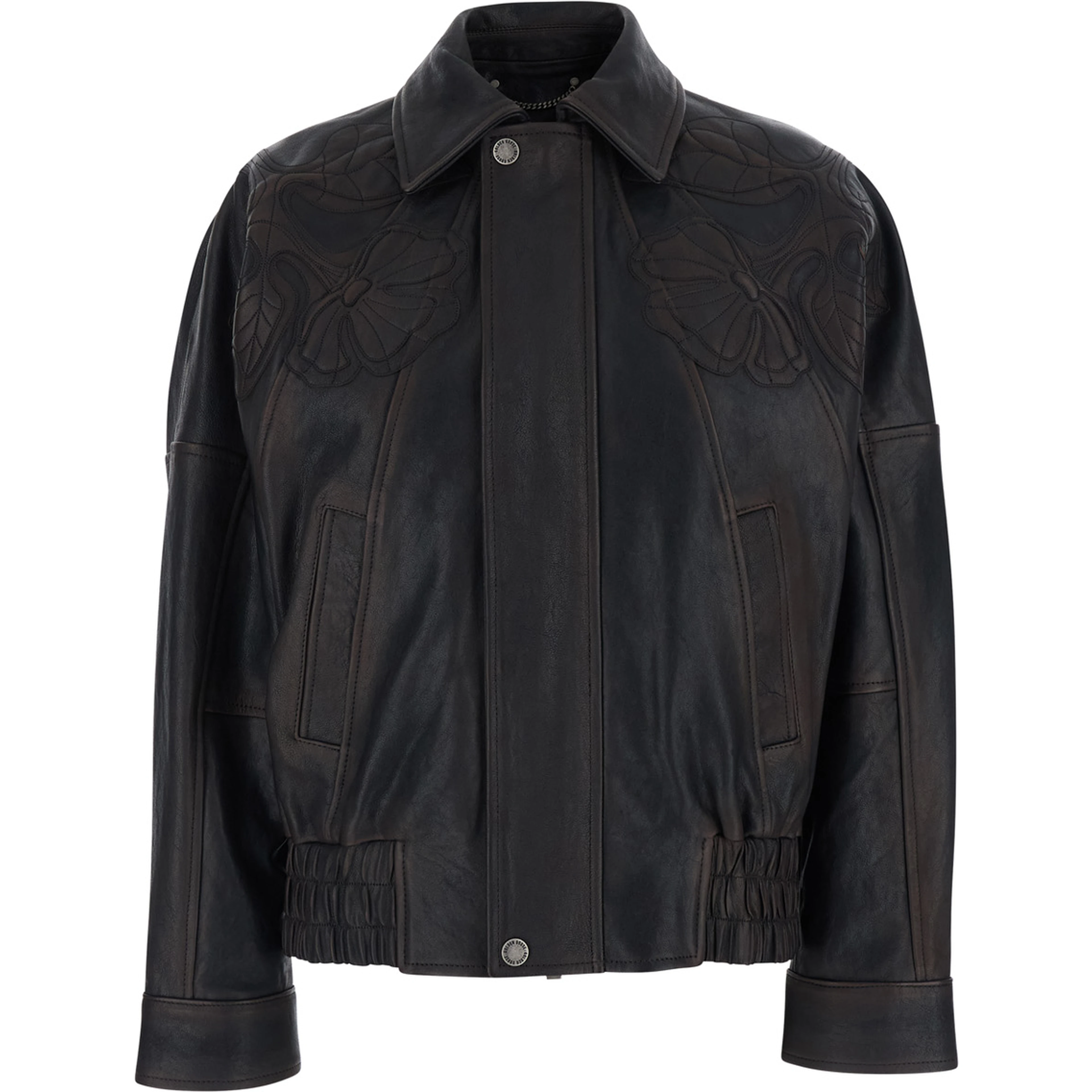 Journey Brown Jacket with Classic Collar and All-Over Floral Embroidery in Leather for Women