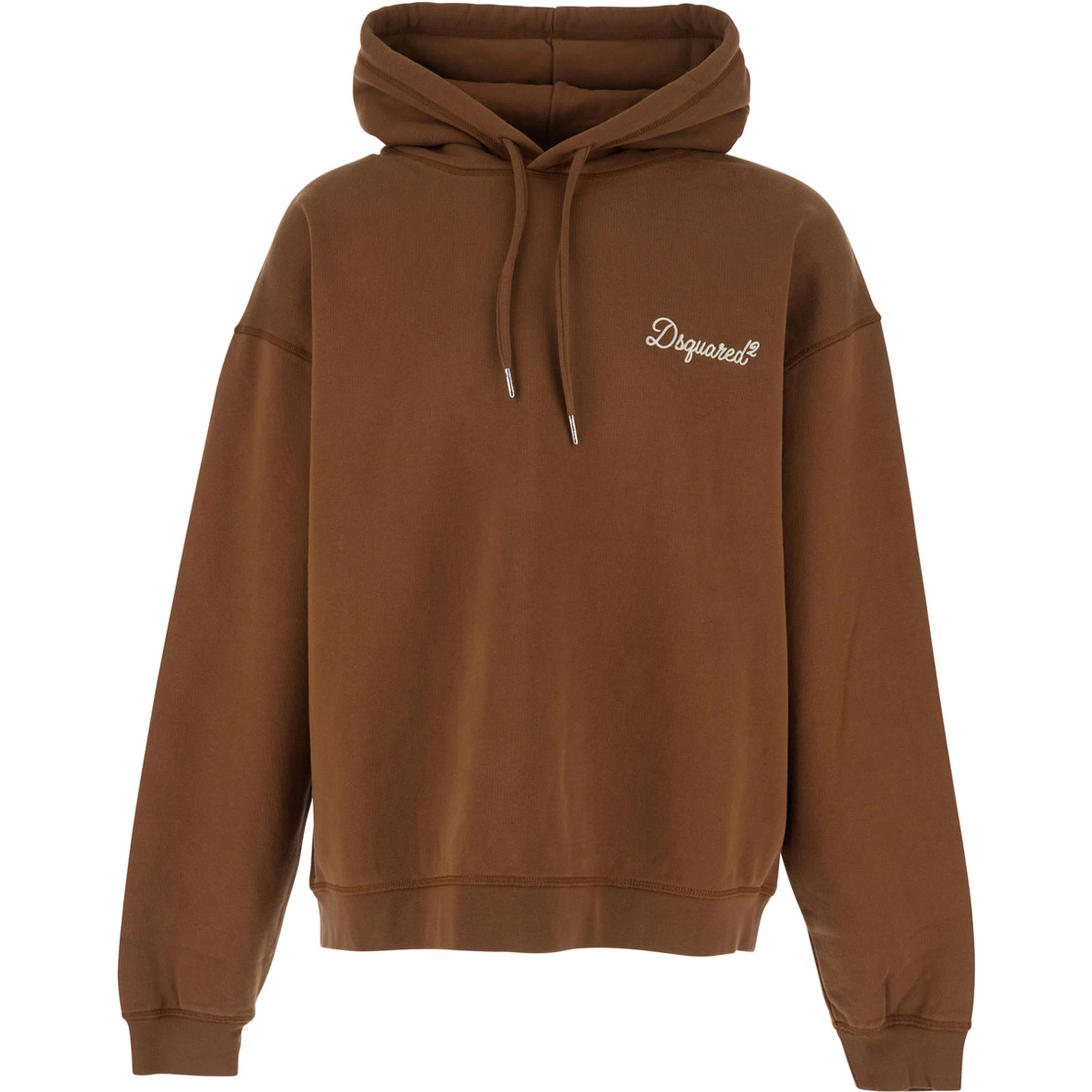 Brown Hoodie with Drawstring and Logo Lettering on the Front in Cotton for Men