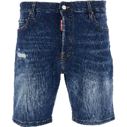 Marine Blue Shorts with Logo Patch on the Back and Ripped Details in Denim Men