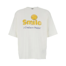 White Crew Neck T-Shirt with Front Print in Cotton for Men
