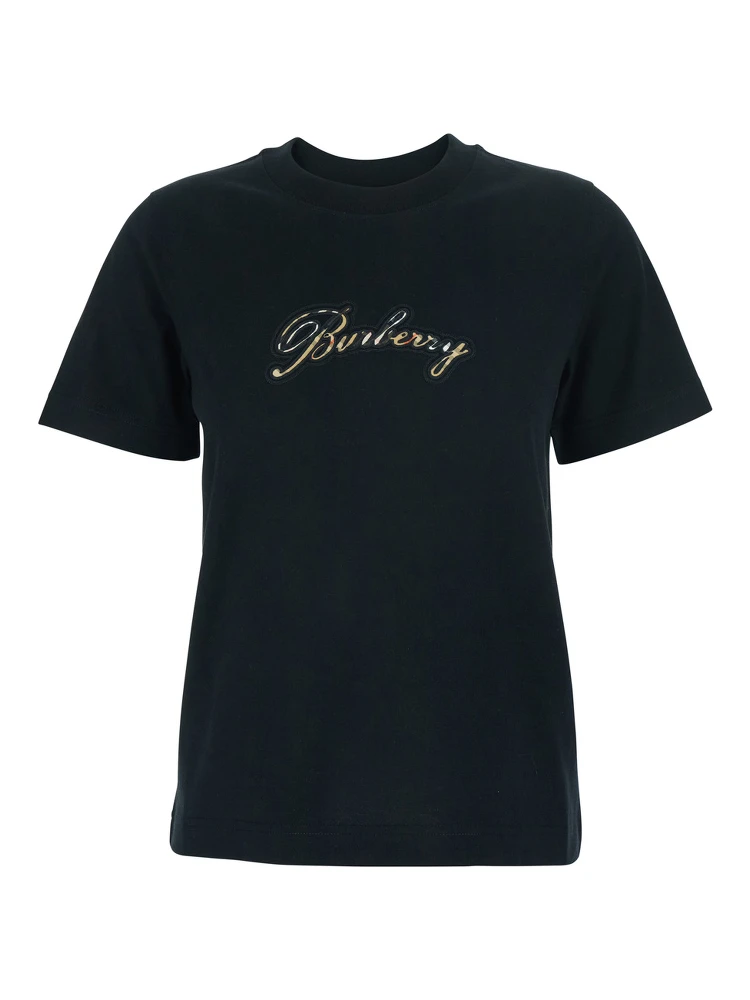 Black Crewneck T-Shirt with Logo Lettering on the Front in Cotton Woman