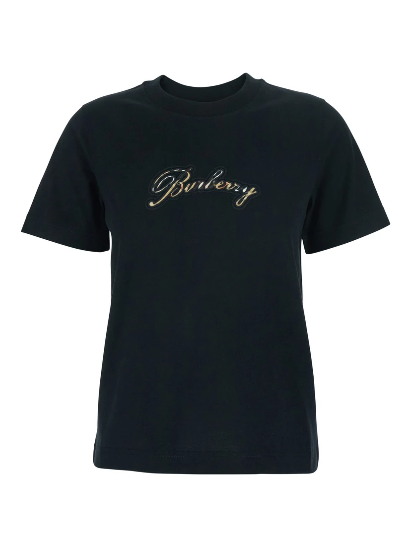 Black Crewneck T-Shirt with Logo Lettering on the Front in Cotton Woman