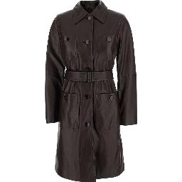 Amaca Brown Single-breasted Jacket with classic collar and Waist Belt in leather woman