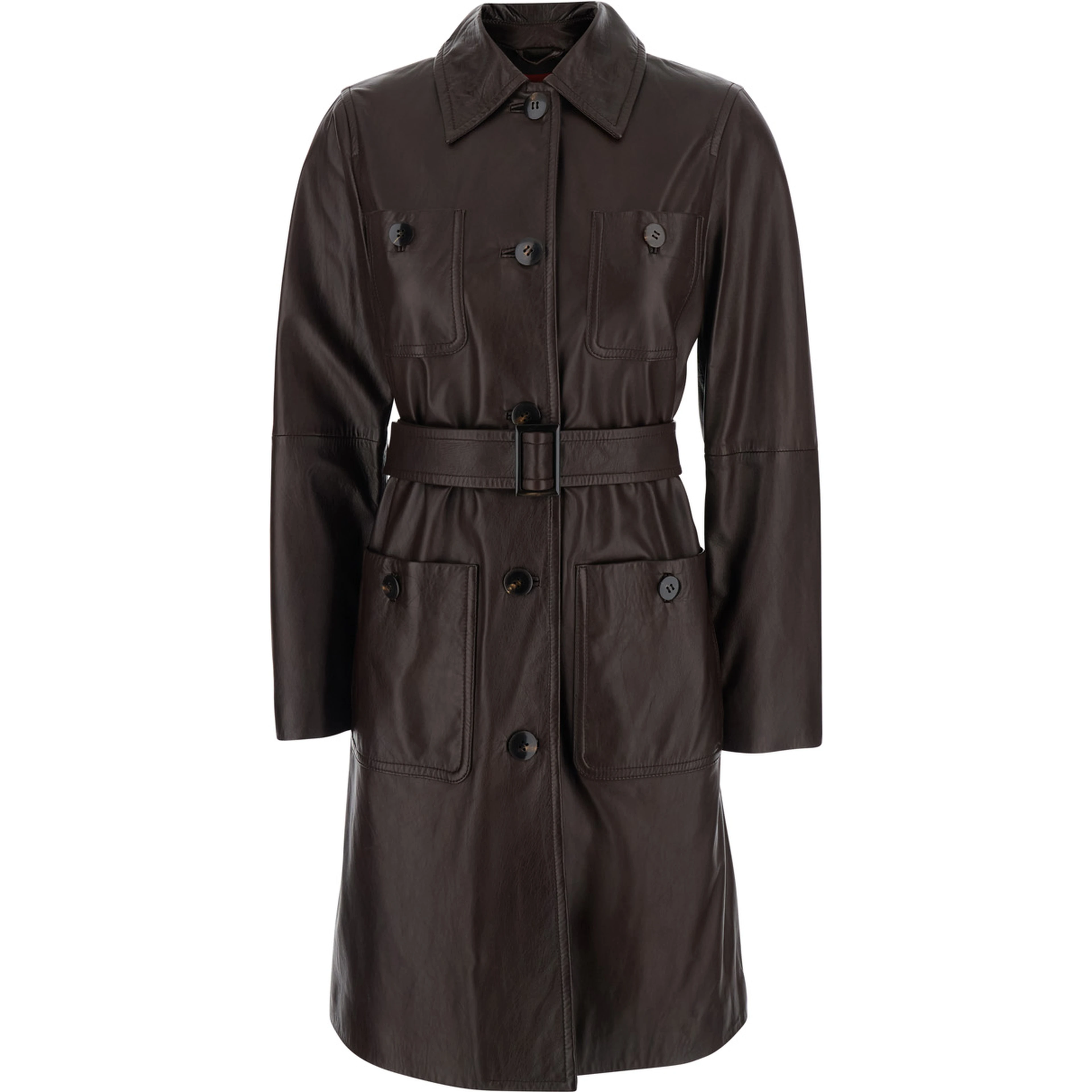 Amaca Brown Single-breasted Jacket with classic collar and Waist Belt in leather woman