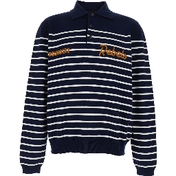 Blue Long Sleeve Polo Shirt with Logo Embroidery on the Front and All-Over Stripe Motif in Cotton for Men