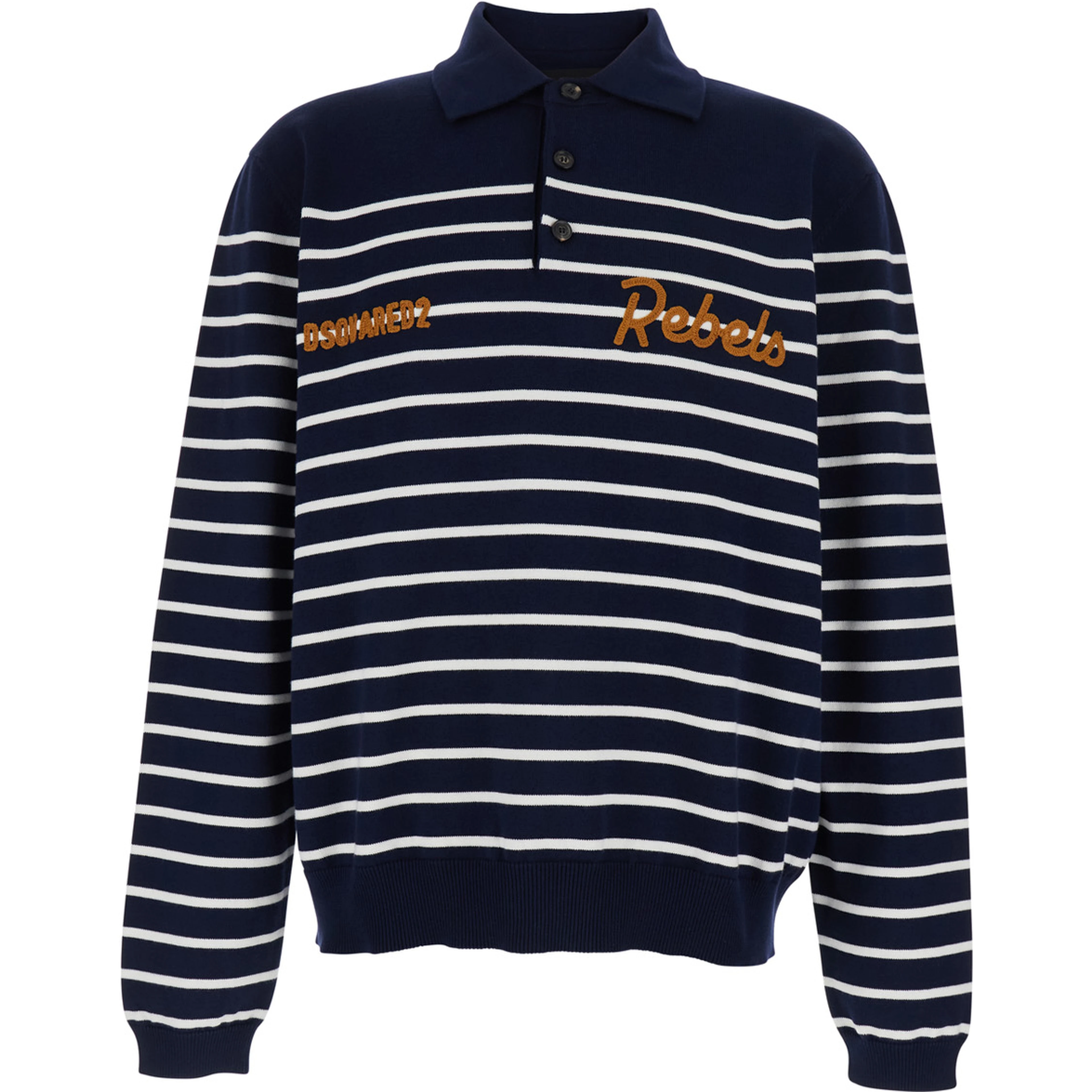Blue Long Sleeve Polo Shirt with Logo Embroidery on the Front and All-Over Stripe Motif in Cotton for Men