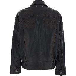 Journey Brown Jacket with Classic Collar and All-Over Floral Embroidery in Leather for Women