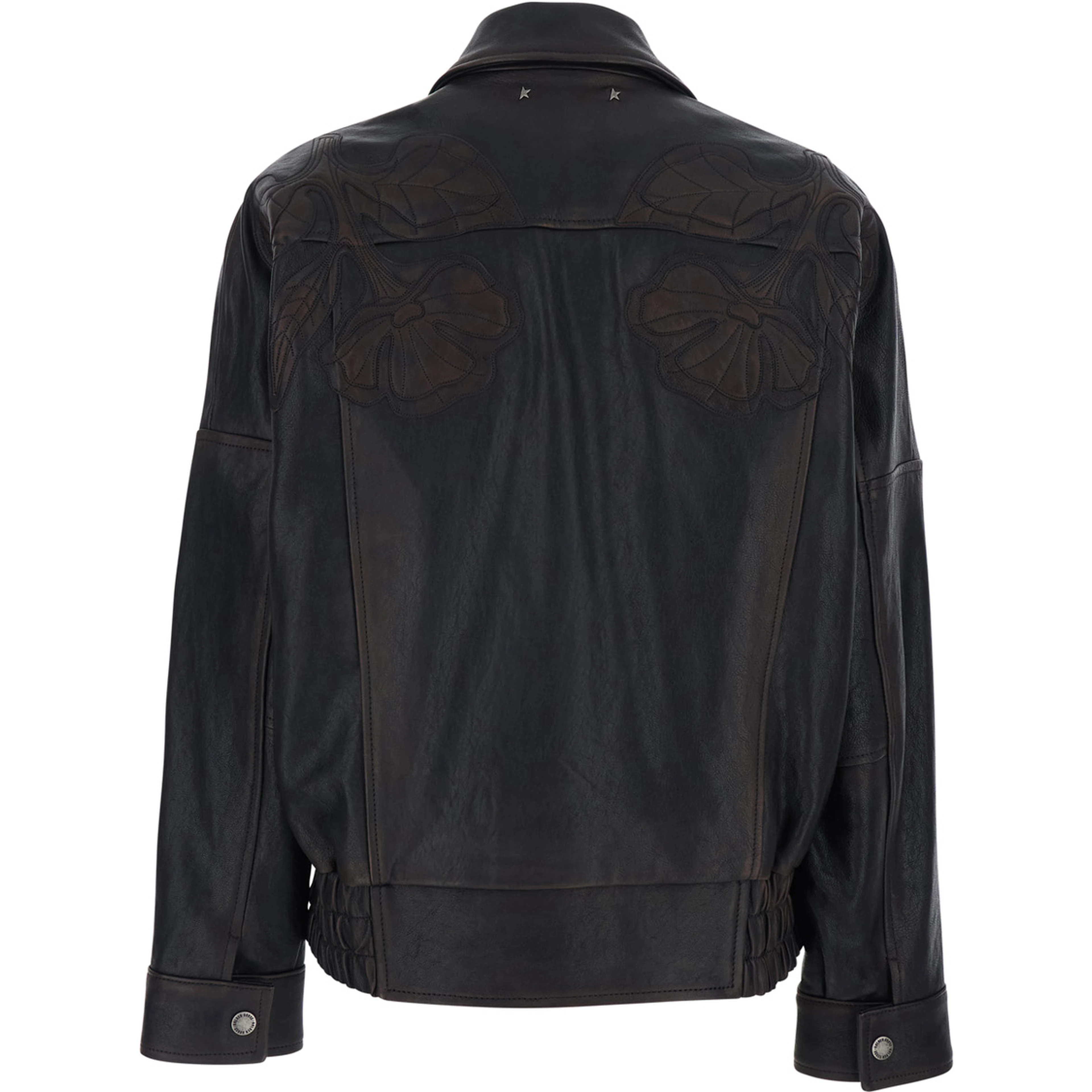 Journey Brown Jacket with Classic Collar and All-Over Floral Embroidery in Leather for Women