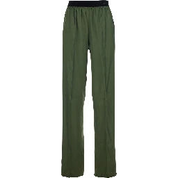 Green Elastic Waist Pants with Logo Lettering in Stretch Silk Woman