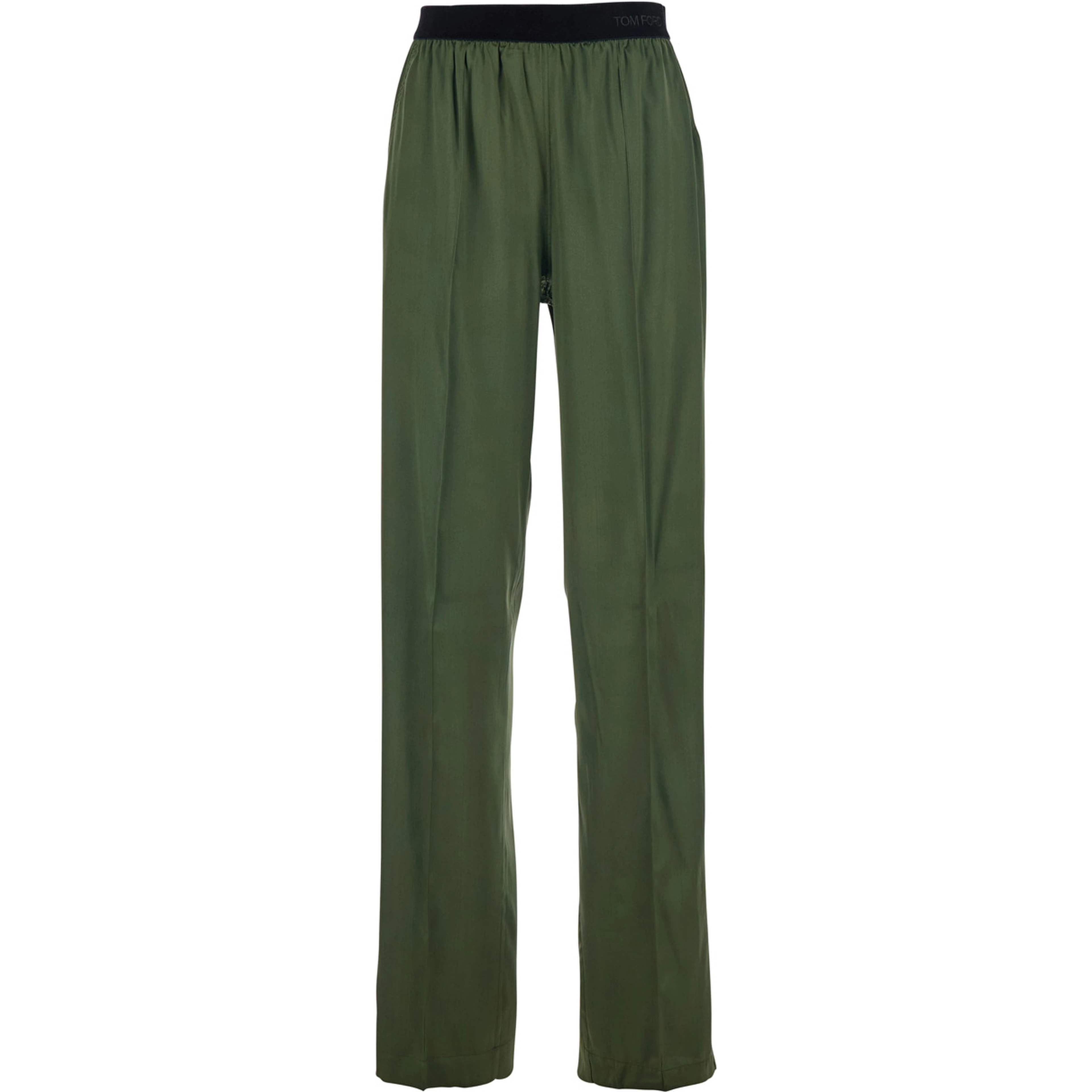 Green Elastic Waist Pants with Logo Lettering in Stretch Silk Woman