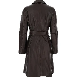 Amaca Brown Single-breasted Jacket with classic collar and Waist Belt in leather woman
