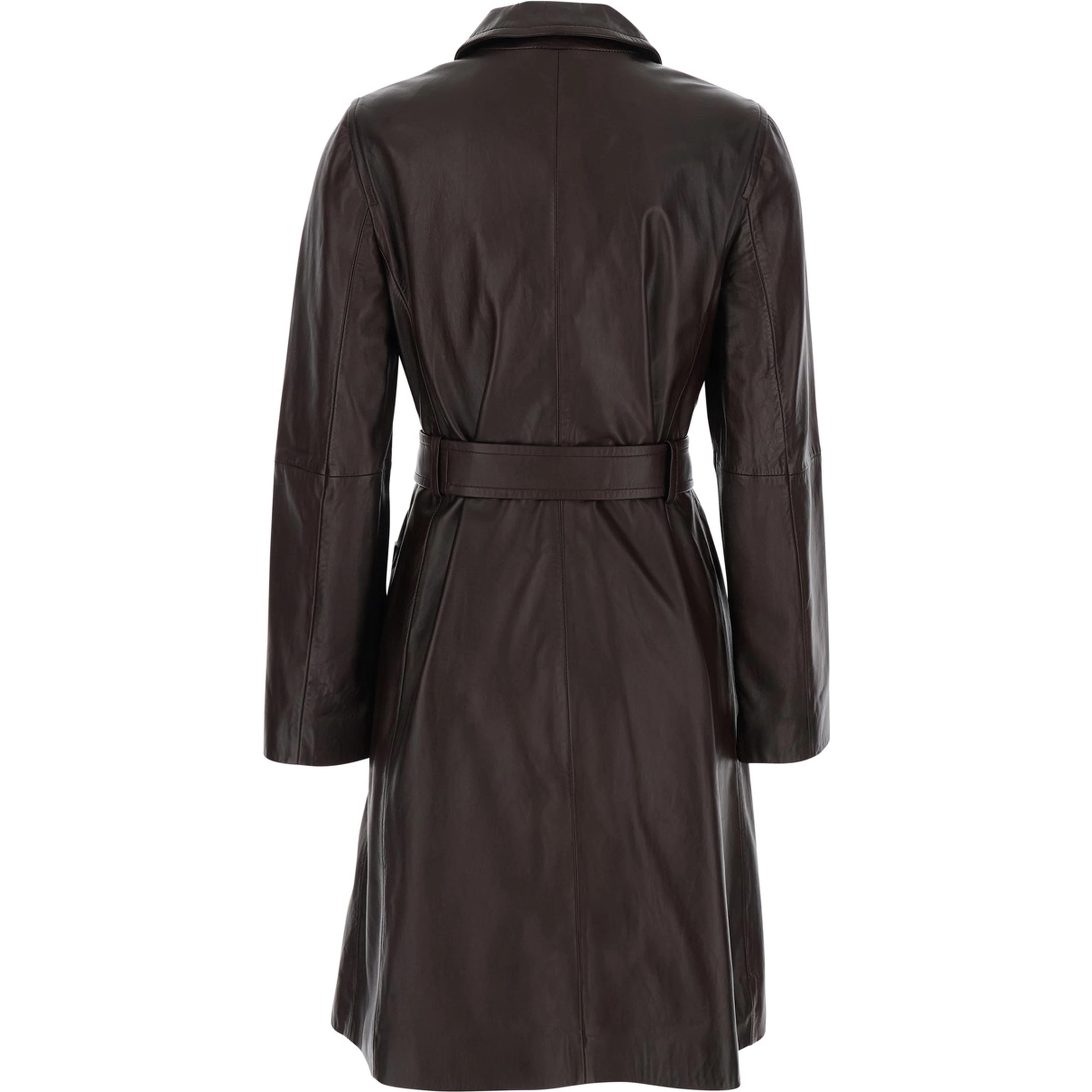 Amaca Brown Single-breasted Jacket with classic collar and Waist Belt in leather woman