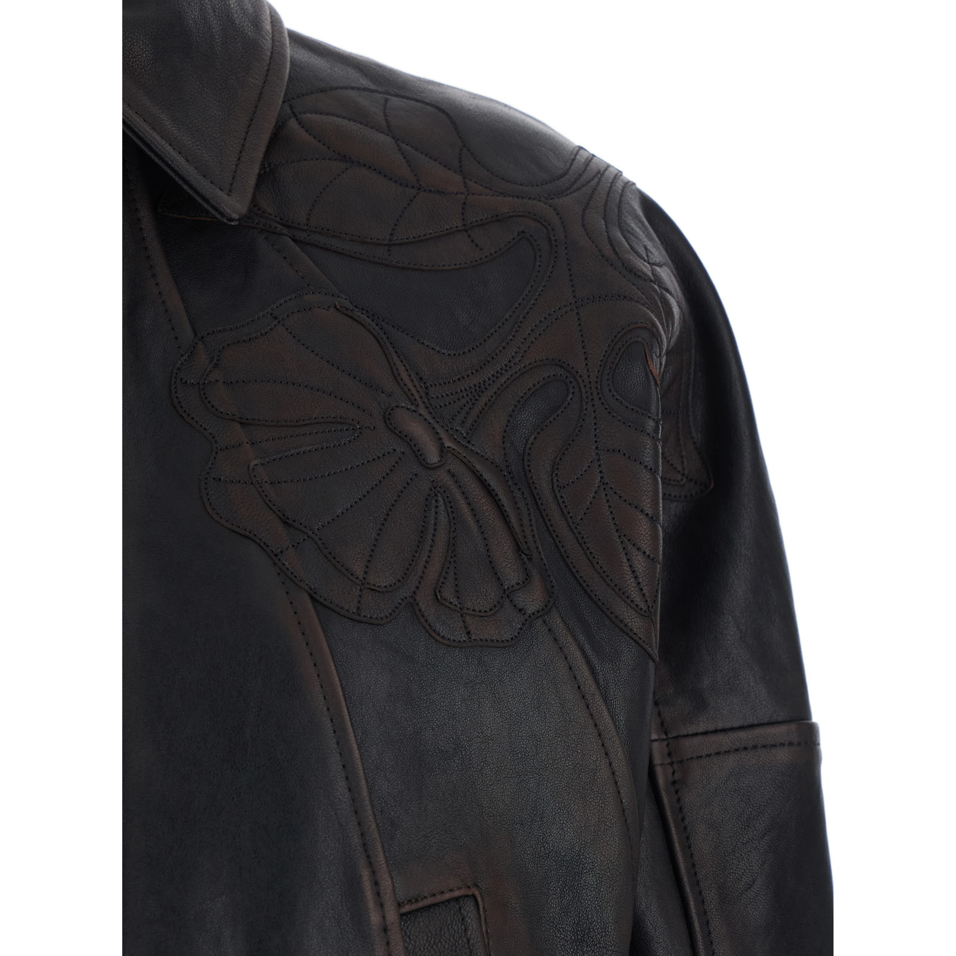 Journey Brown Jacket with Classic Collar and All-Over Floral Embroidery in Leather for Women