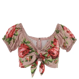 Pink Floral Print Crop Top with Double Knot In Cotton for Women