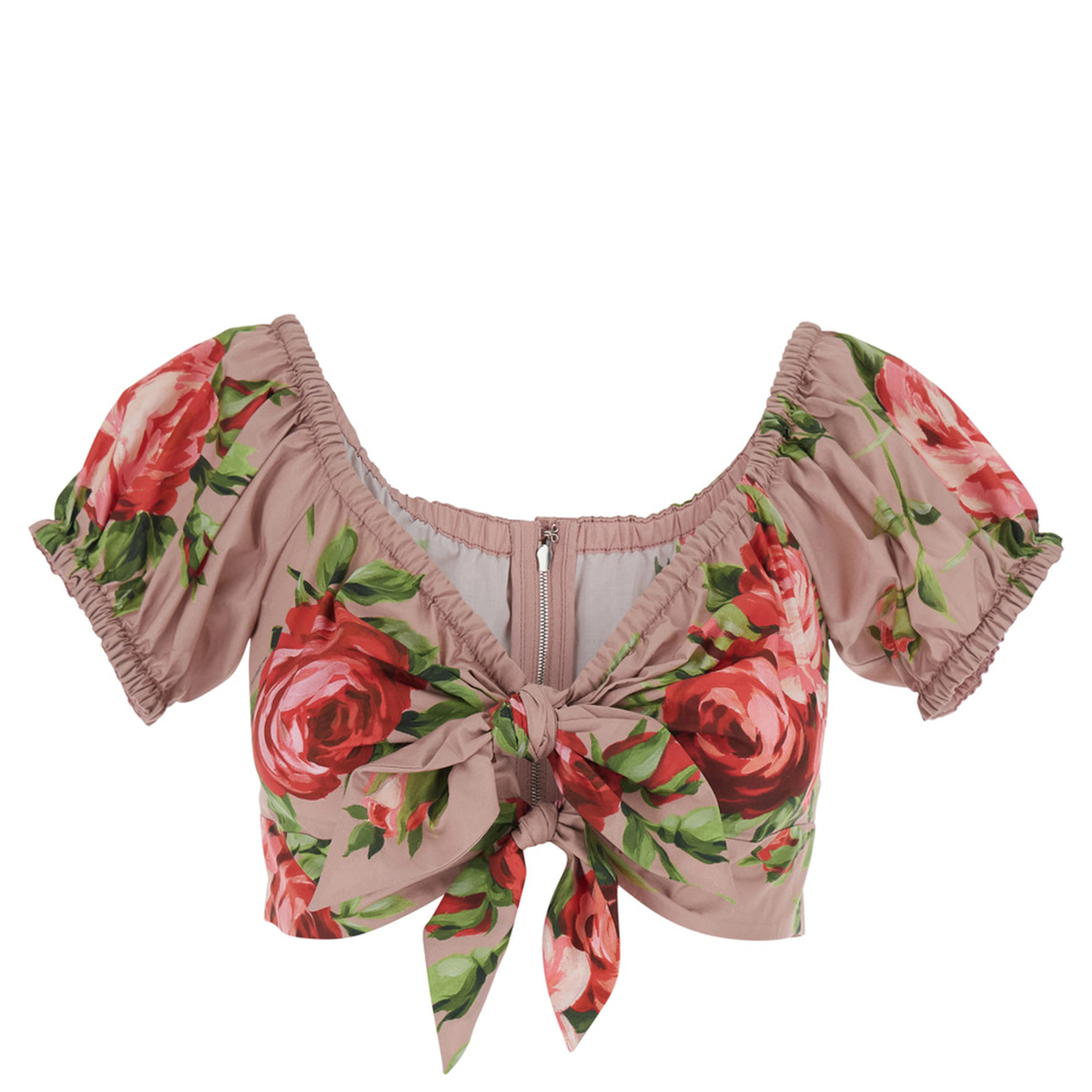 Pink Floral Print Crop Top with Double Knot In Cotton for Women