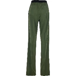 Green Elastic Waist Pants with Logo Lettering in Stretch Silk Woman