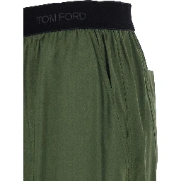 Green Elastic Waist Pants with Logo Lettering in Stretch Silk Woman