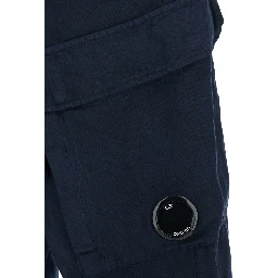 Blue Pants with elasticated waist and a cargo pocket in Cotton and Linen blend for Men