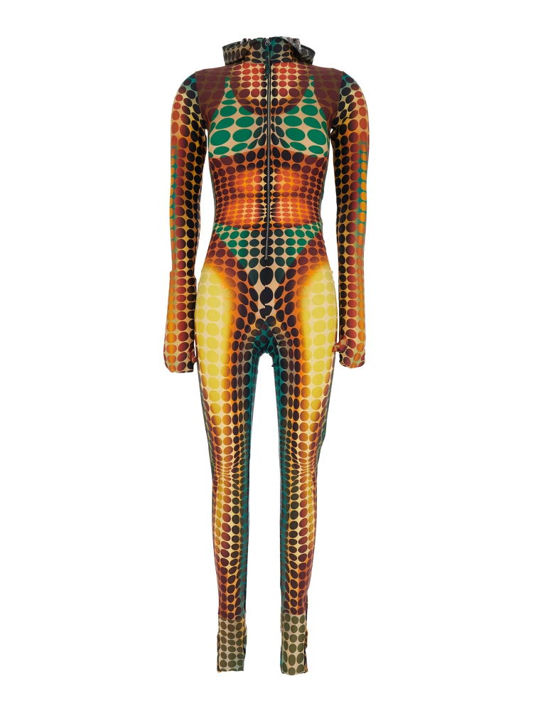 Multicolor Jumpsuit with Hood and All-Over Print in Tech Fabric Woman
