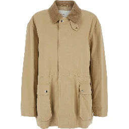 Beige jacket with ribbed classic collar in cotton woman