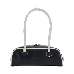 Soft Baguette Black Mini Shoulder Bag with Logo Lettering on the Front in Leather for Women
