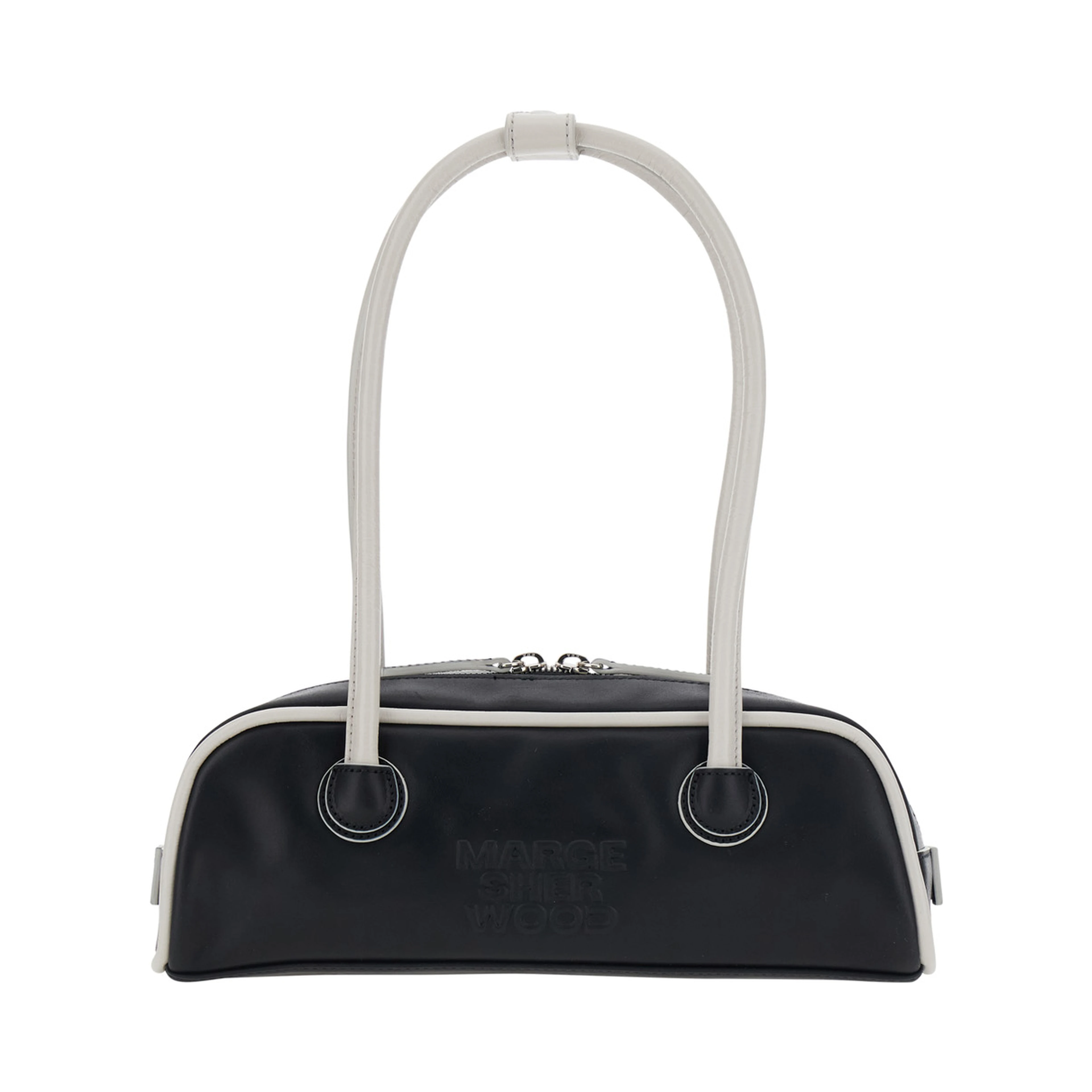 Soft Baguette Black Mini Shoulder Bag with Logo Lettering on the Front in Leather for Women