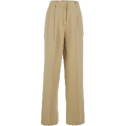 Beige Pants with front pleats and logo embroidery on the pocket in beige cotton blend for women