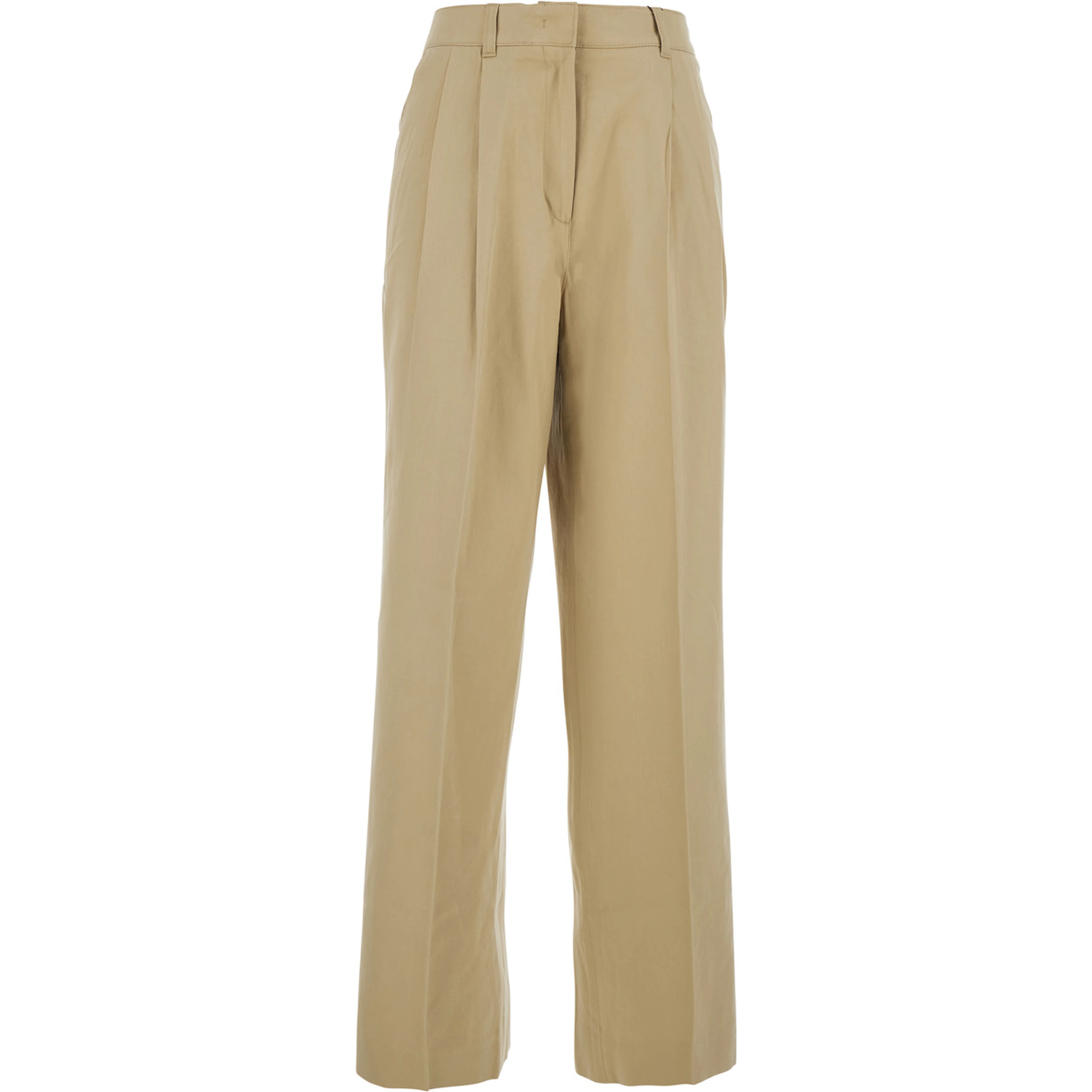 Beige Pants with front pleats and logo embroidery on the pocket in beige cotton blend for women