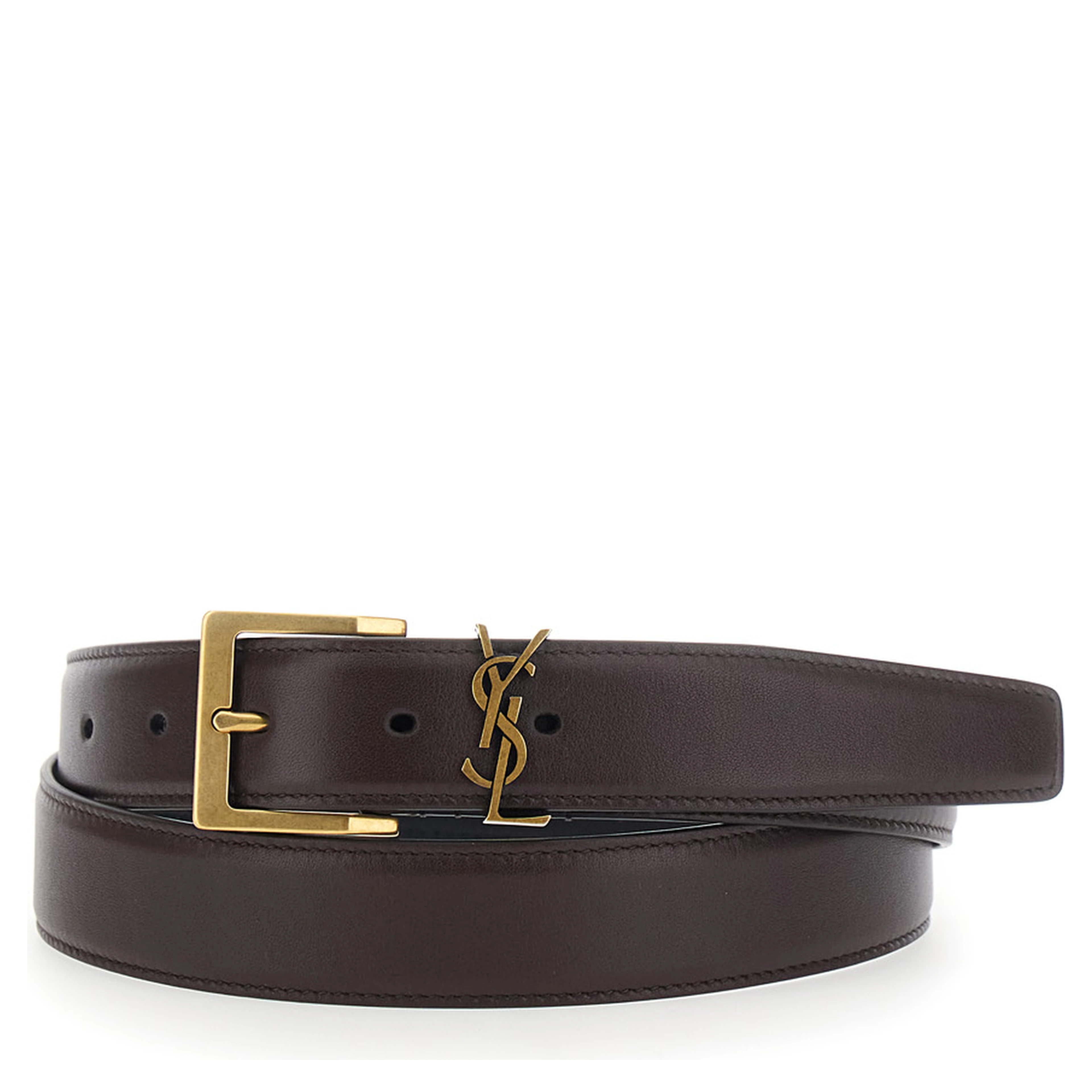 Belt with Cassandre Plate on the Front and Adjustable Buckle Closure in Brown Leather for Men