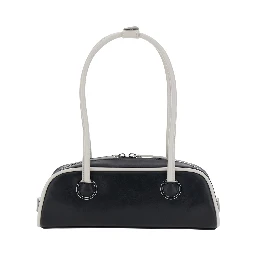 Soft Baguette Black Mini Shoulder Bag with Logo Lettering on the Front in Leather for Women