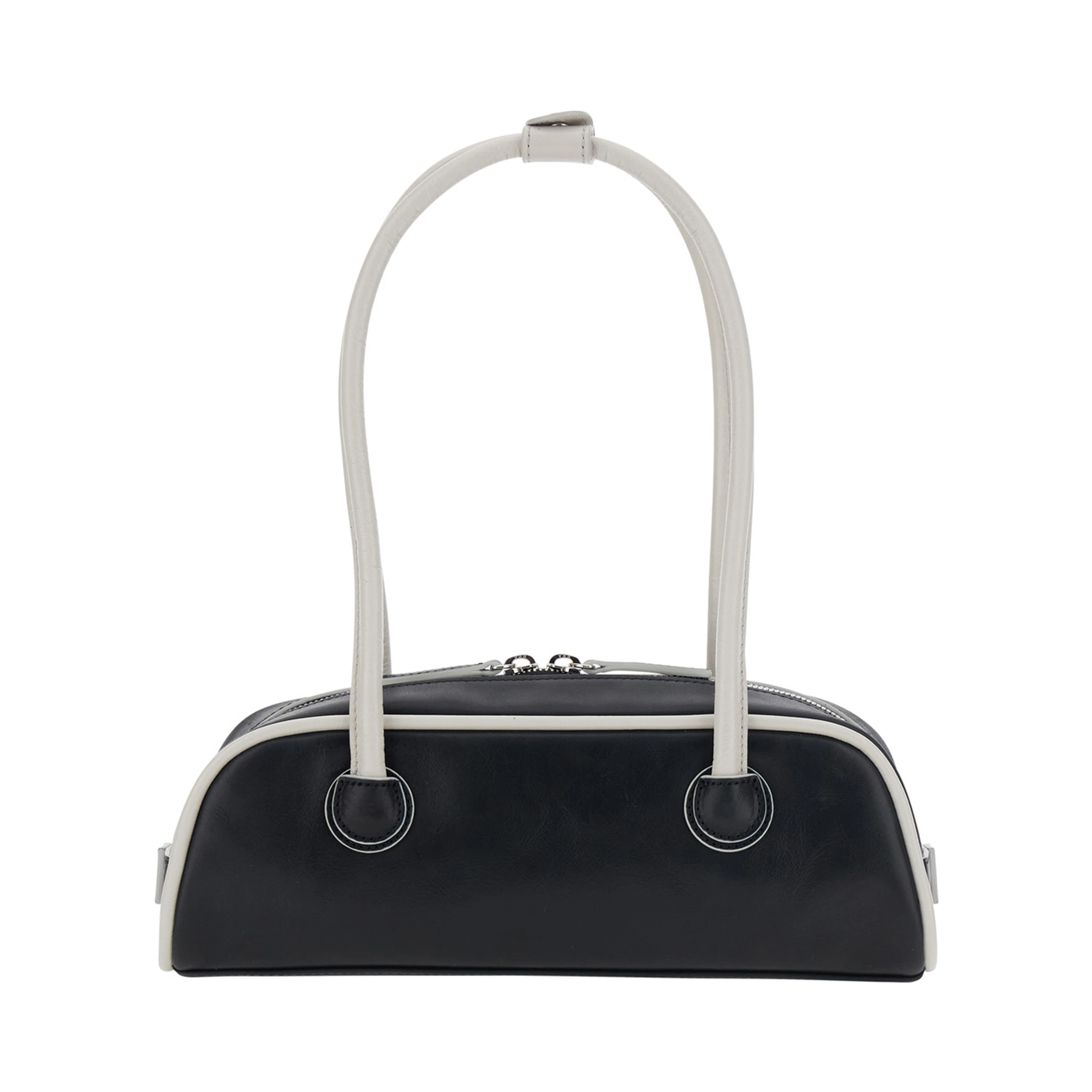 Soft Baguette Black Mini Shoulder Bag with Logo Lettering on the Front in Leather for Women