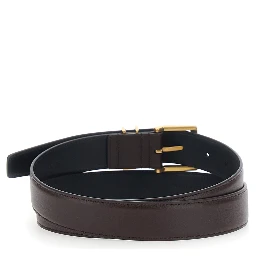 Belt with Cassandre Plate on the Front and Adjustable Buckle Closure in Brown Leather for Men