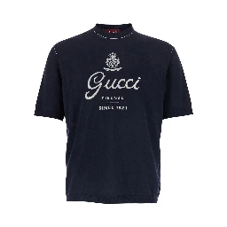 Blue Round Neck Sweater with Logo Lettering on the Front in Wool for Men